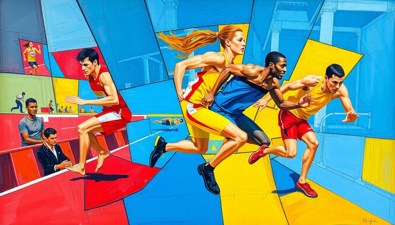 A cubist-style painting featuring overlapping geometric shapes and planes in vibrant colors, representing the dynamic movements and competition of a track and field event.