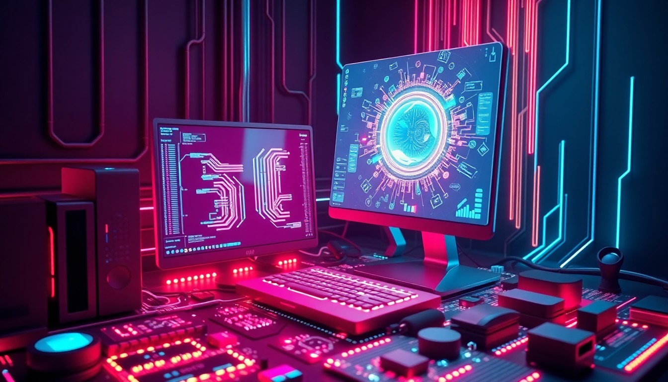 A conceptual illustration of a futuristic web development workstation, featuring a sleek, illuminated desktop computer and intricate circuit boards pulsing with neon lights, conveying the cutting-edge technology and innovation at the heart of Ione World Global Services.