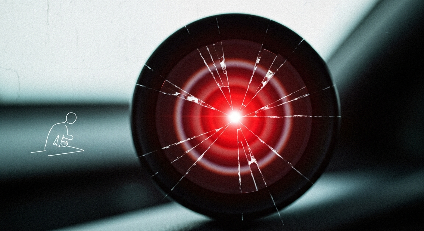 An extreme close-up of a shattered car sensor lens reflecting a faint red light, conceptually illustrating the vandalism of self-driving cars.