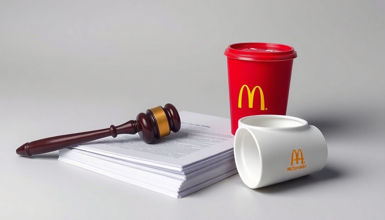 A photorealistic studio still life featuring a stack of legal documents, a gavel, and a McDonald's coffee cup, conceptually representing the legal battle and corporate culture at the heart of this racial discrimination lawsuit.