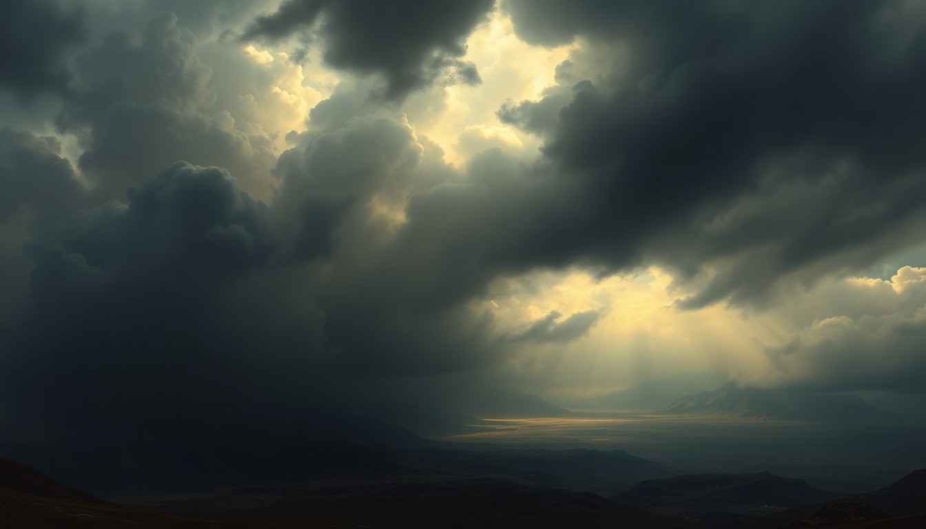 A vast, majestic landscape painting in muted tones, with dark, ominous clouds dominating the sky and casting a dramatic shadow over the scene below, conveying the overwhelming power of an approaching storm.