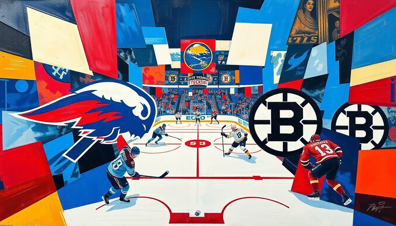 A fractured, multi-perspective painting in bold, overlapping geometric shapes and planes of blue, red, and white, conceptually representing the intensity and action of a playoff hockey game between the Buffalo Sabres and Boston Bruins.