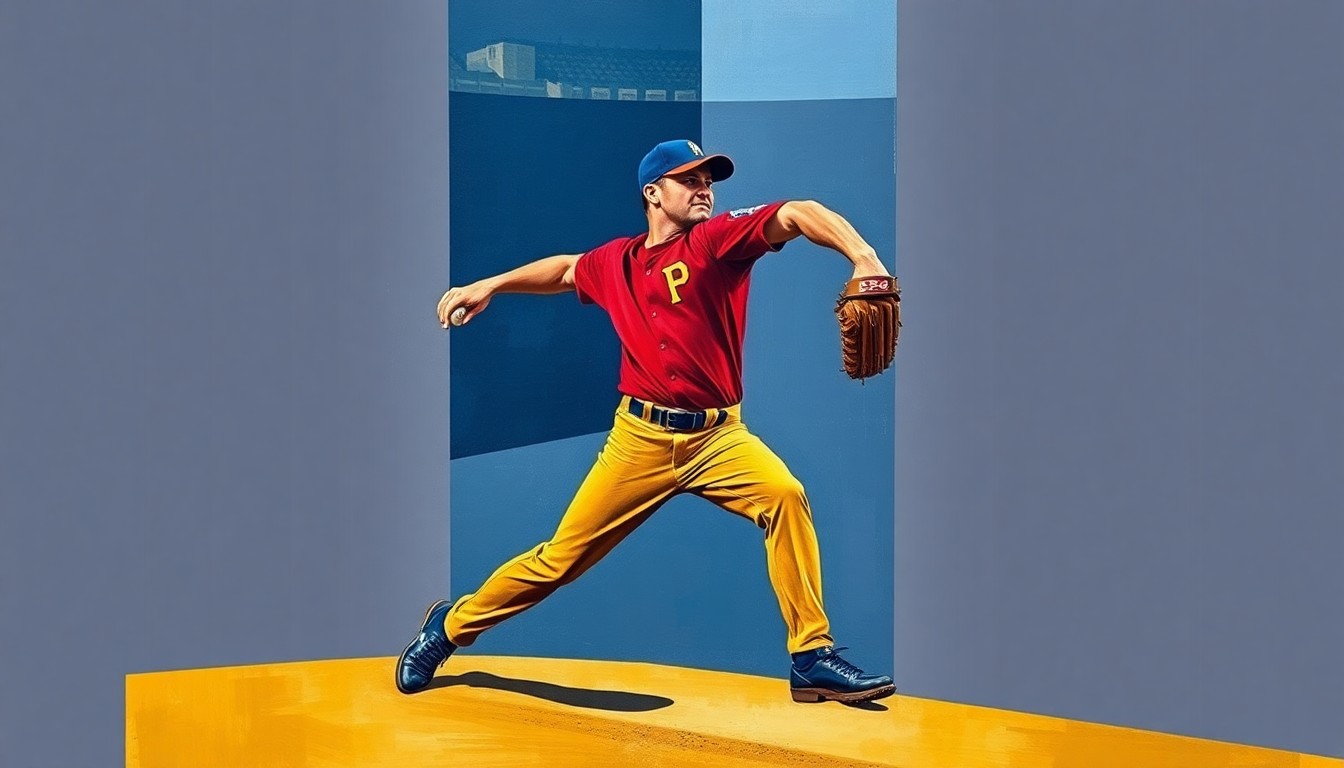 A cubist-style painting depicting a baseball pitcher's throwing motion broken down into overlapping geometric shapes and planes in navy, crimson, and gold colors, conceptually representing the analytical breakdown of an exceptional pitching performance.