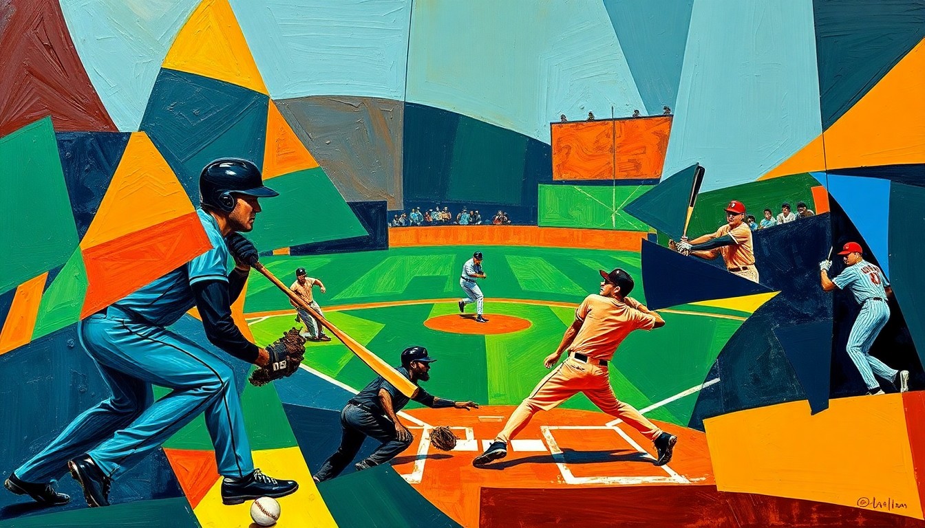 A cubist, geometric painting depicting the dynamic action of a baseball game, with the players' forms fractured into overlapping angular shapes in a vibrant color palette.