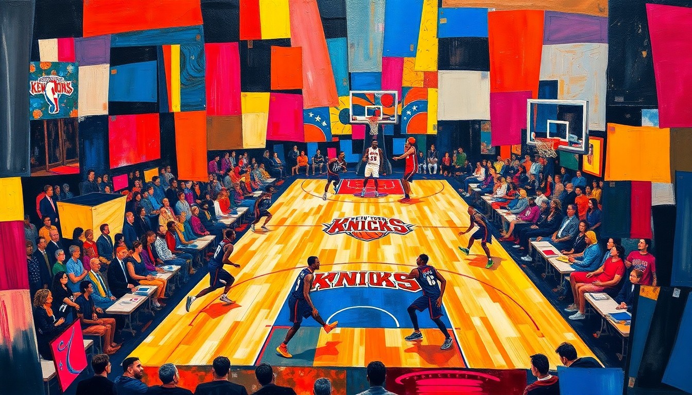 A cubist, geometric painting depicting the action of a basketball game between the New York Knicks and Atlanta Hawks, with the players' movements and the court's lines broken down into sharp, overlapping planes of color.