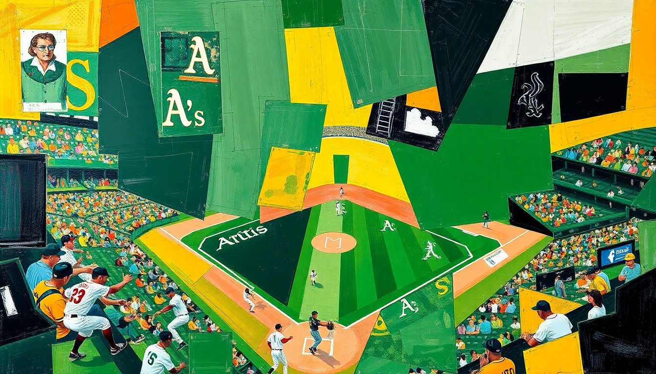 An abstract, cubist-style painting featuring fragmented geometric shapes and planes in the colors of the Athletics and White Sox, capturing the dynamic action and energy of a baseball game.