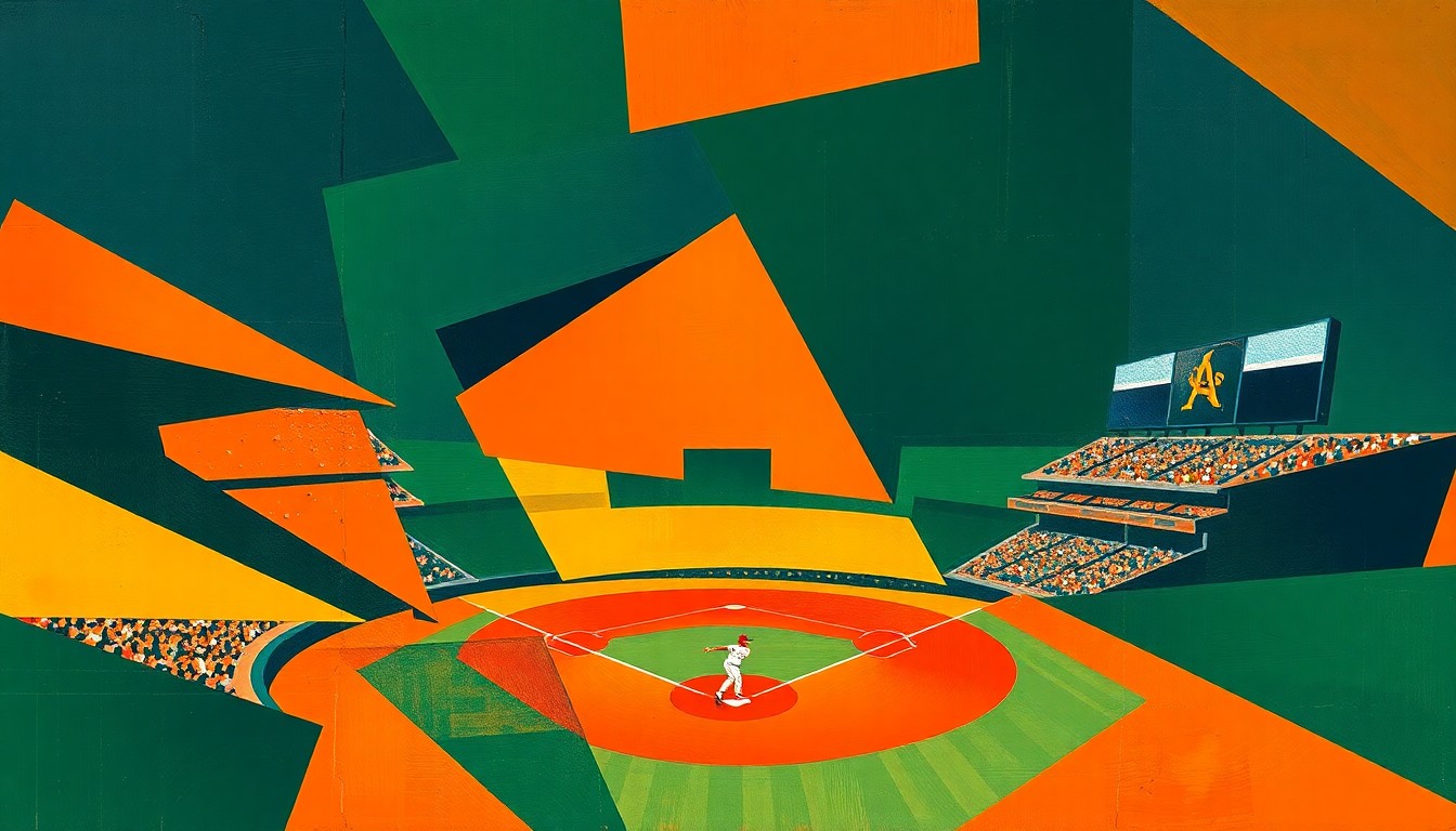 A dynamic, fragmented painting featuring sharp geometric shapes and planes of bright orange, navy blue, and forest green, conceptually representing the key play in a baseball game between the Cubs and Mets.