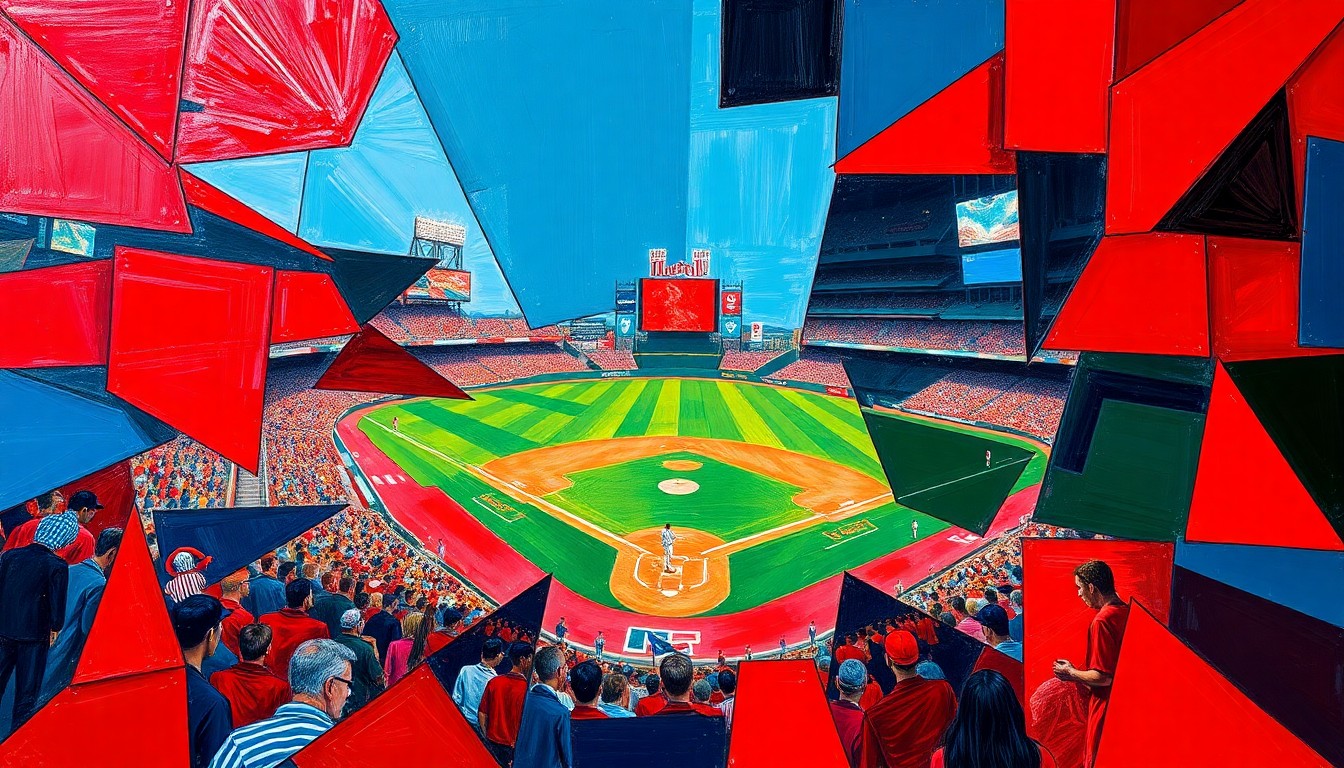 A cubist, geometric painting depicting a baseball game broken down into overlapping planes of bright red, navy blue, and forest green, conveying the dynamic energy and tension of the Reds' late-inning rally.