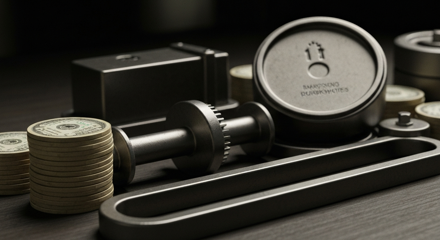 An extreme close-up of heavy, industrial machinery and equipment used in banking and finance, conveying a sense of the physical, mechanical foundations of the financial system.