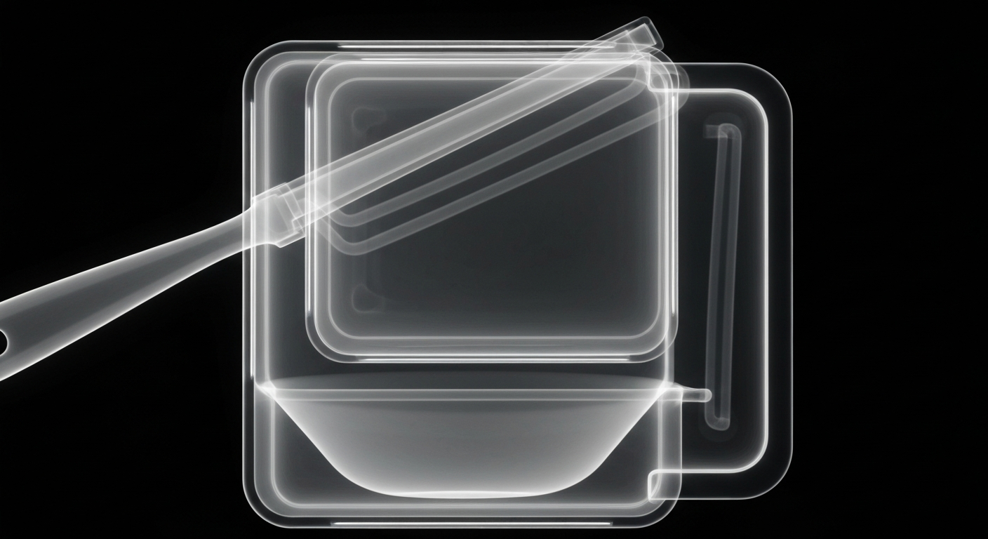 An abstract, ghostly X-ray image revealing the internal structure of a kitchen tool or appliance, conceptually representing the need for rigorous health inspections in the food service industry.