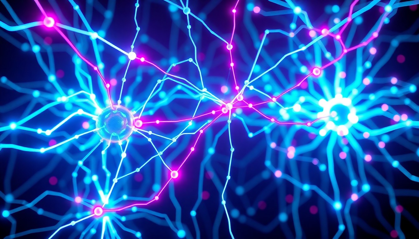 A highly detailed 3D illustration of a glowing, neon-lit neural network structure, with pulsing lines of cyan and magenta light flowing through a complex web of interconnected nodes, hinting at the potential for AI-powered deepfake technology to cause harm.