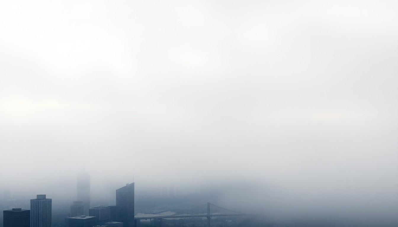 A sweeping, atmospheric landscape painting in muted grays and blues, with the faint outlines of Boston's skyscrapers and bridges barely visible through a thick, swirling fog that dominates the scene, conveying the overwhelming power of the weather event.