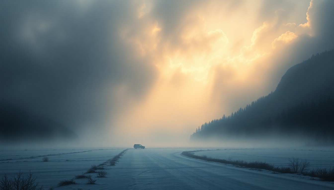 A vast, atmospheric landscape painting in muted tones of gray, blue, and white, depicting a freezing, fog-shrouded morning. A lone vehicle can be seen in the distance, dwarfed by the overwhelming scale of the natural environment.