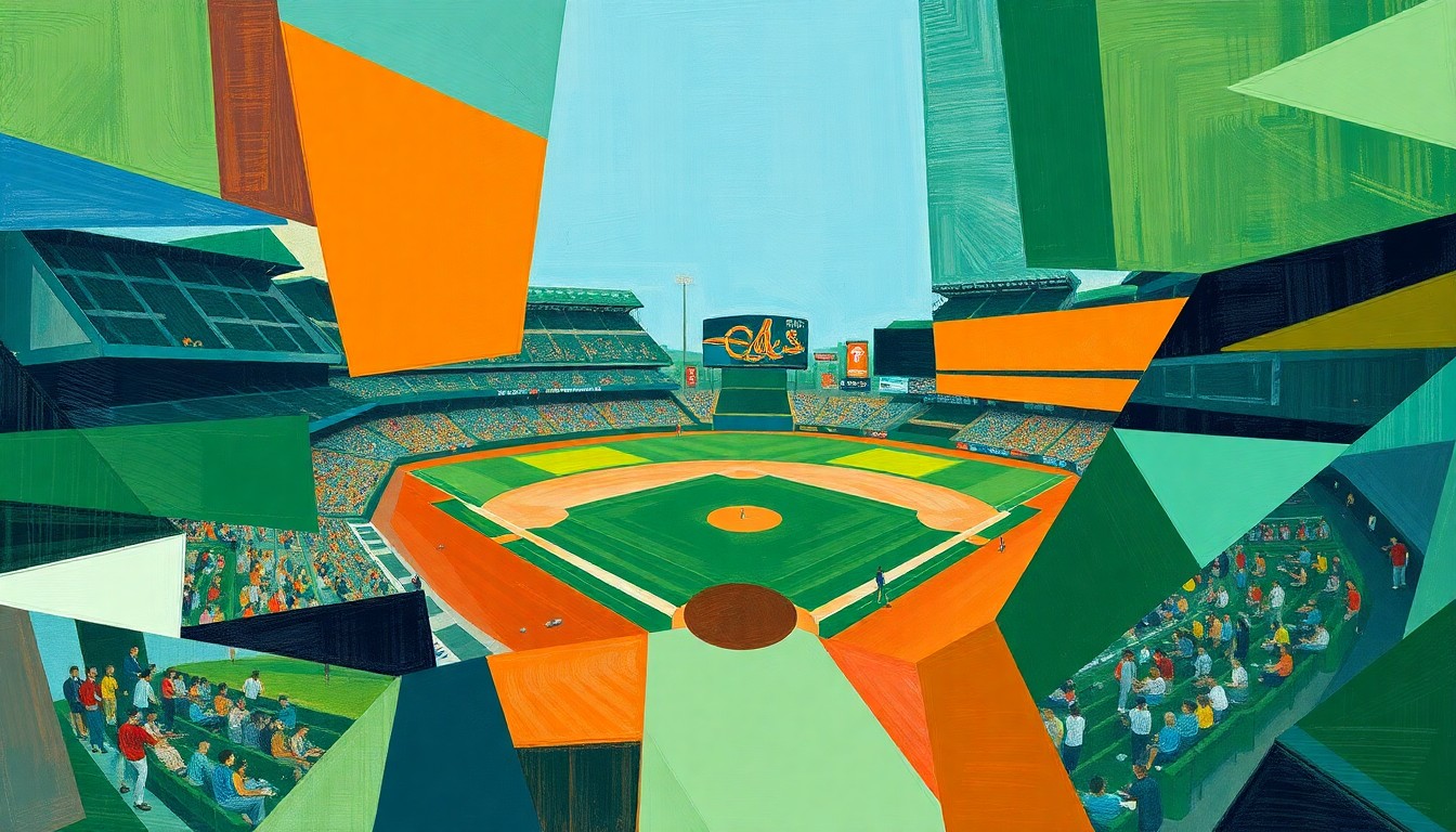 A cubist-style painting featuring overlapping geometric shapes in shades of green, blue, and orange, representing the disruption and rescheduling of a baseball game.