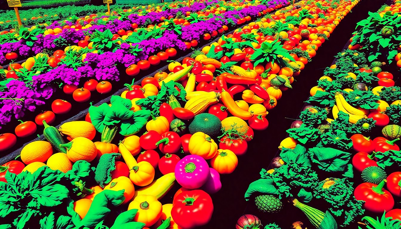 A highly stylized, abstract grid of brightly colored, silkscreen-like images depicting an overflowing community garden plot, conceptually representing how Maine's land trusts are adapting to support local communities in new ways.