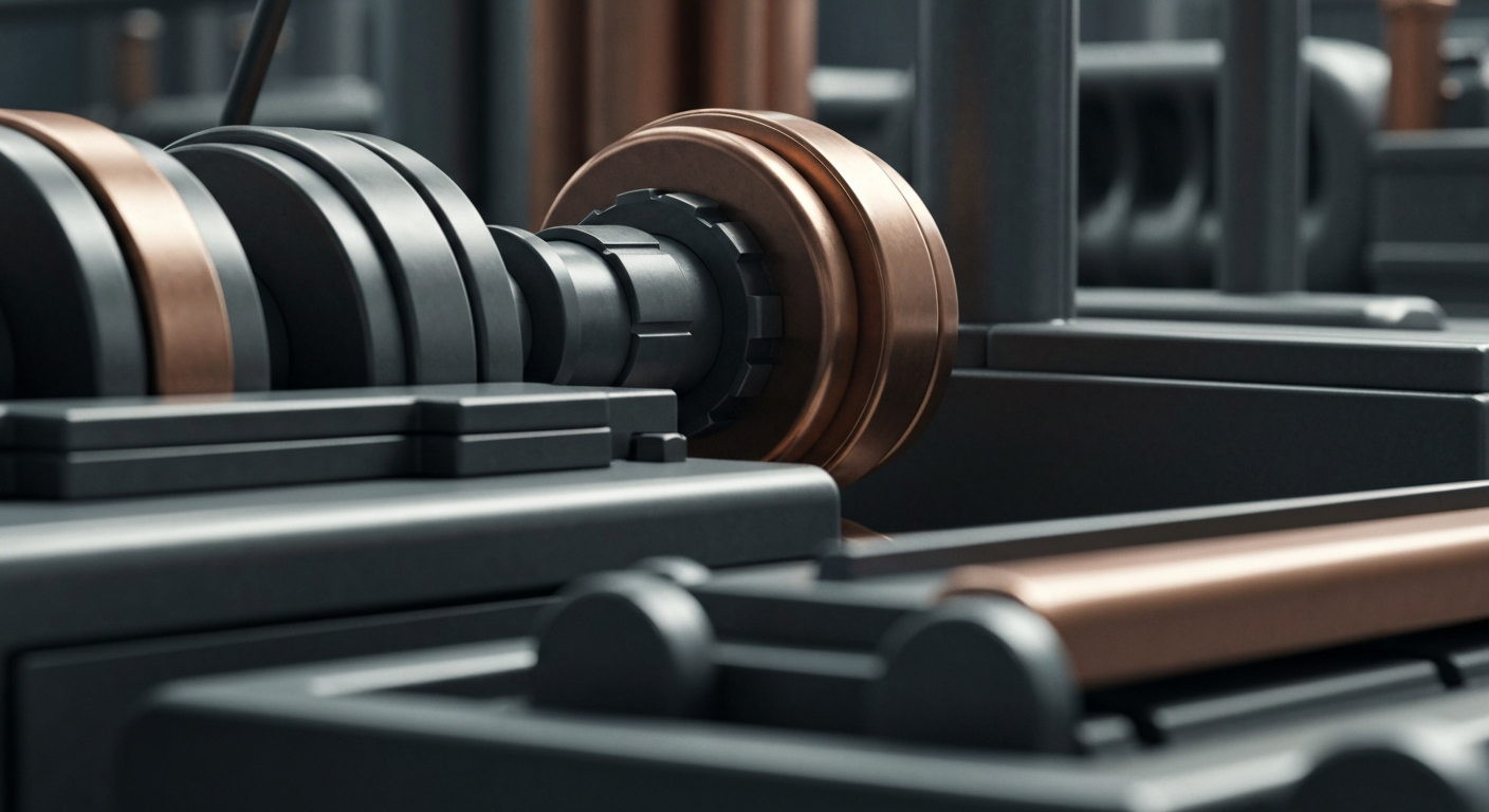 A highly detailed, cinematic close-up of heavy, industrial banking machinery and equipment in muted tones of steel gray, copper, and black, conveying a sense of institutional power and financial security.
