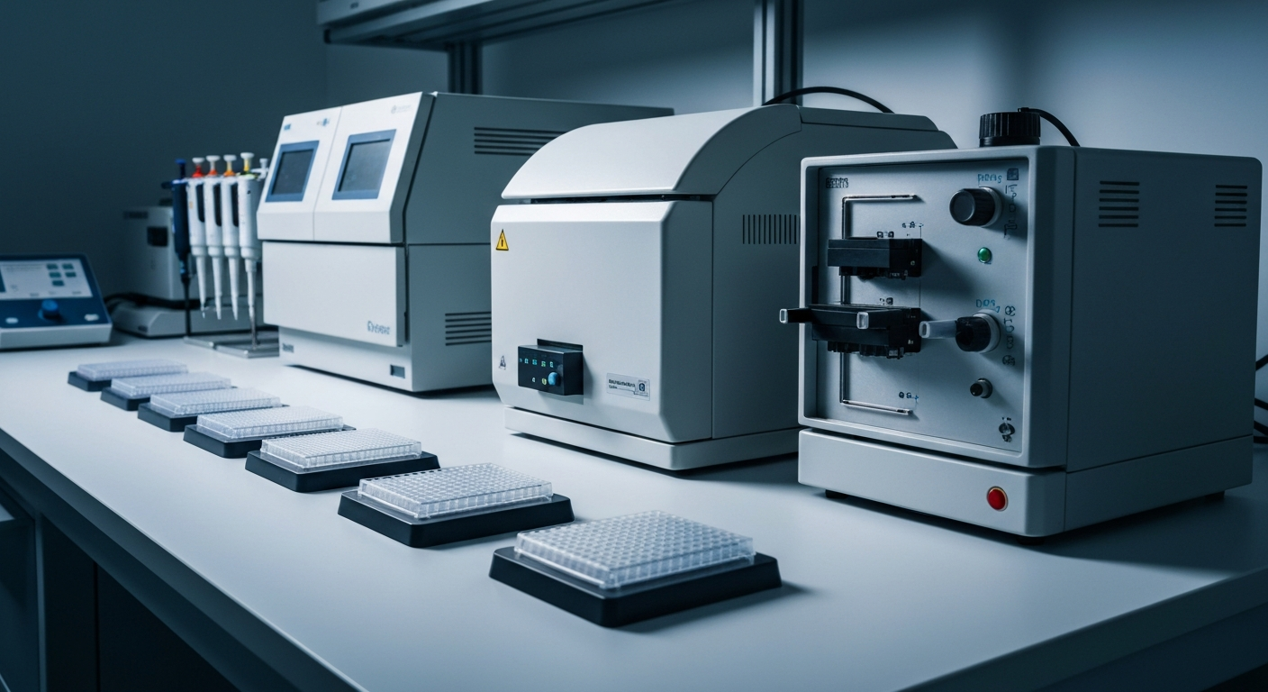 An extreme close-up of intricate, high-tech laboratory equipment and tools used in genetic engineering, with a focus on the textures, shapes, and dramatic lighting that convey a sense of precision and scientific innovation.