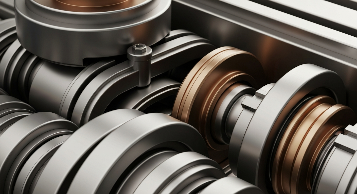 An extreme close-up of gears, levers, and other heavy industrial banking equipment, conveying the secure, institutional foundations of the financial industry in a conceptual, non-literal way.