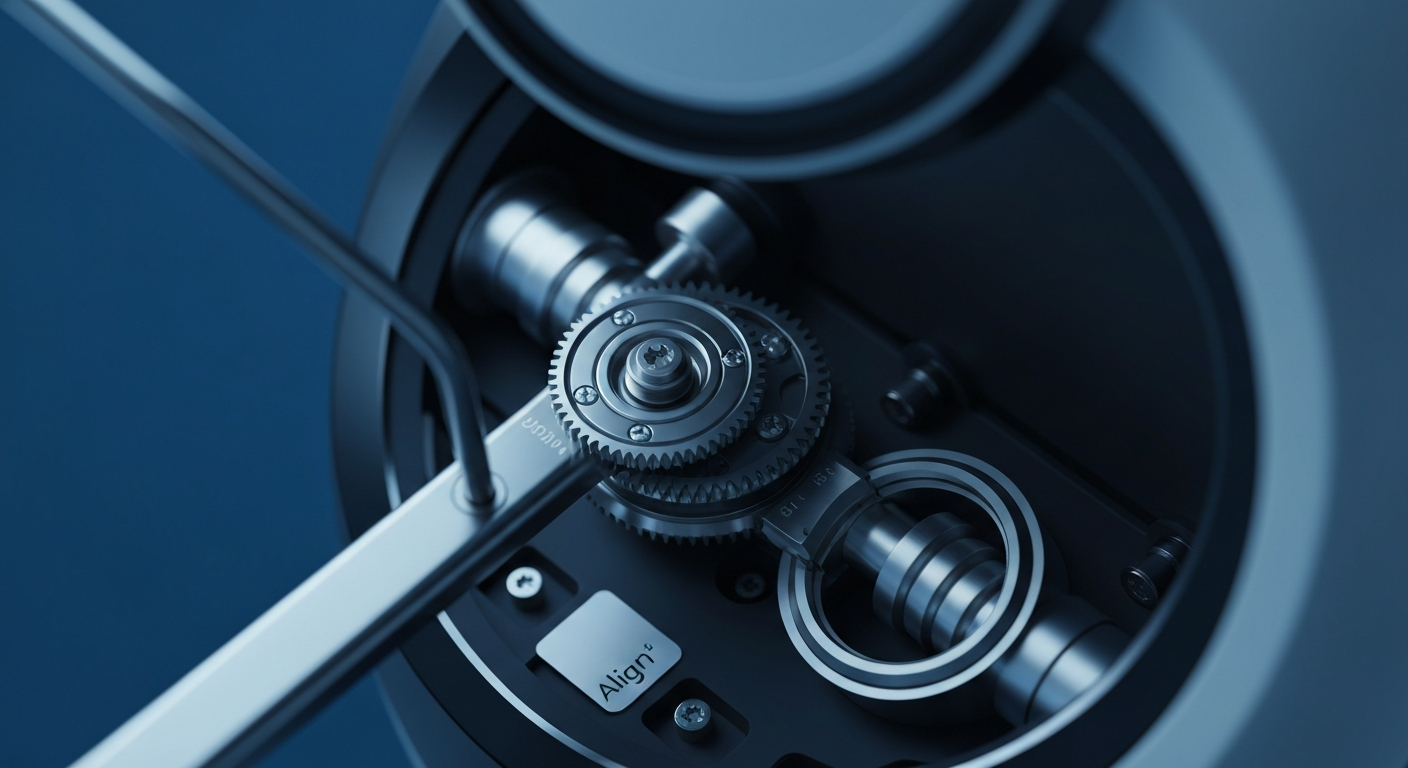 An extreme close-up of the intricate inner workings of a dental scanning device, with gears, sensors, and other high-tech components, conceptually representing the advanced technology behind Align Technology's Invisalign system.