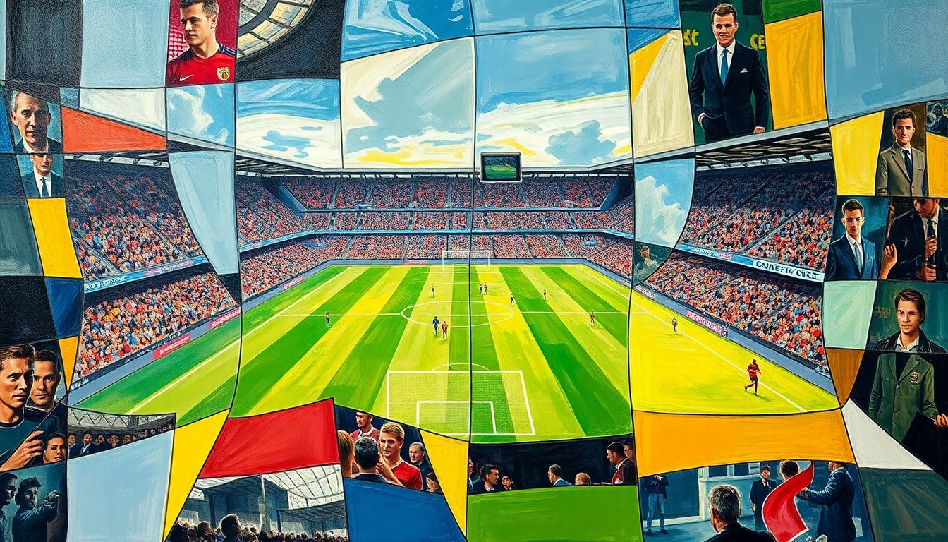 A dynamic, geometric painting in shades of green, blue, and red, capturing the chaotic energy of a Championship football match through Picasso-esque abstraction.