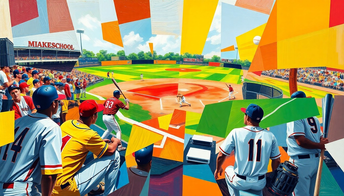 A cubist-style painting depicting a high school baseball game, with the players and field broken down into sharp, overlapping geometric shapes in vibrant colors, conveying the energy and intensity of the sport.