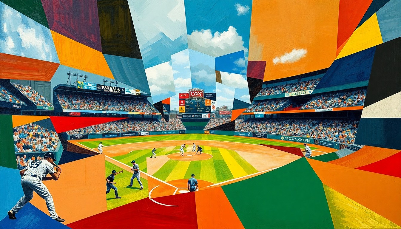 A fractured, multi-perspective painting in a cubist style, breaking down a baseball game into sharp, overlapping geometric planes of color and abstract shapes, conveying the raw energy and motion of the sport.