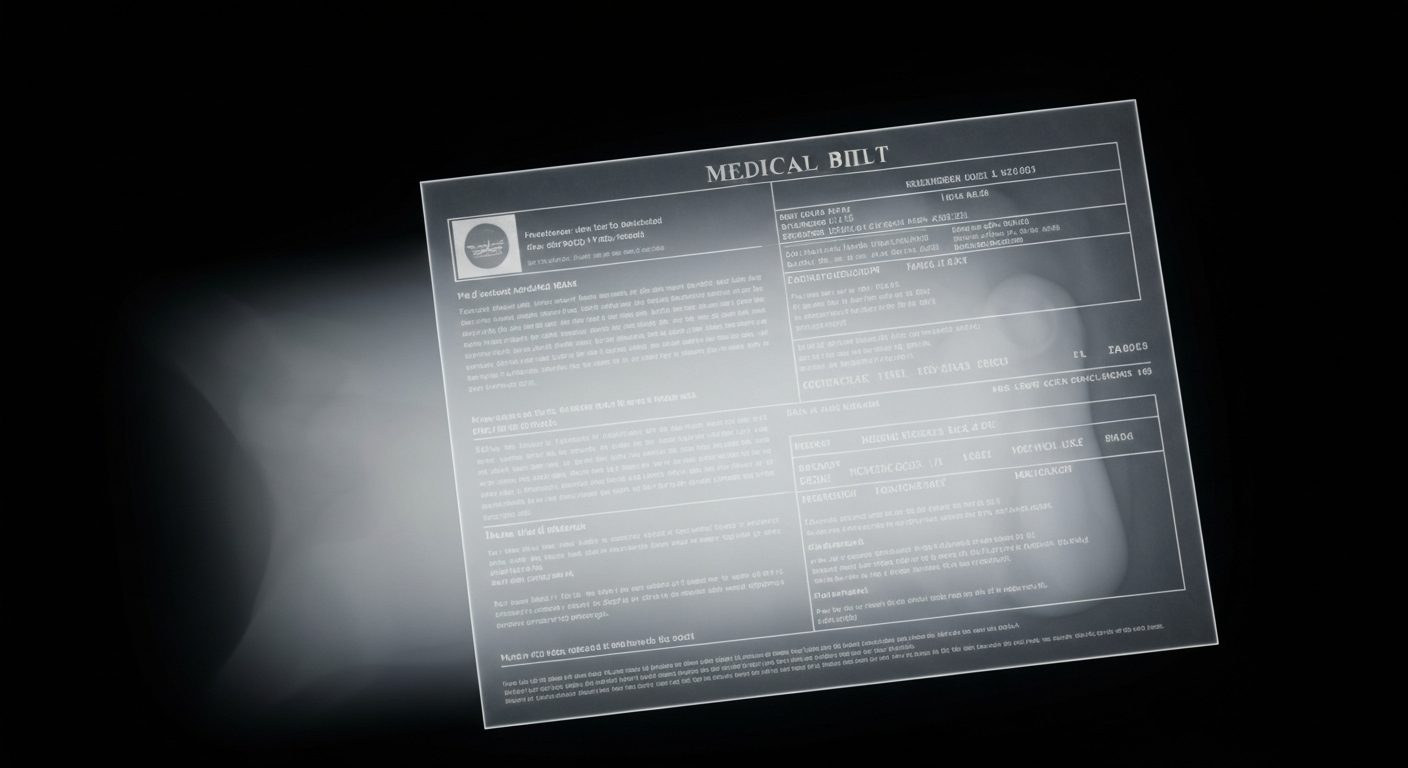 A translucent, ghostly X-ray image revealing the intricate internal structure of a medical bill or debt collection notice, conceptually illustrating the hidden complexities of the healthcare debt crisis.