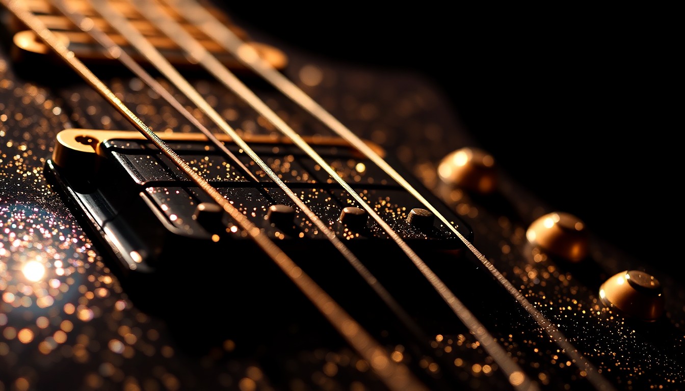 An extreme close-up photograph of shimmering, glittering guitar strings, capturing the luxurious, high-fashion aesthetic of rock music through dramatic lighting and abstract textures.