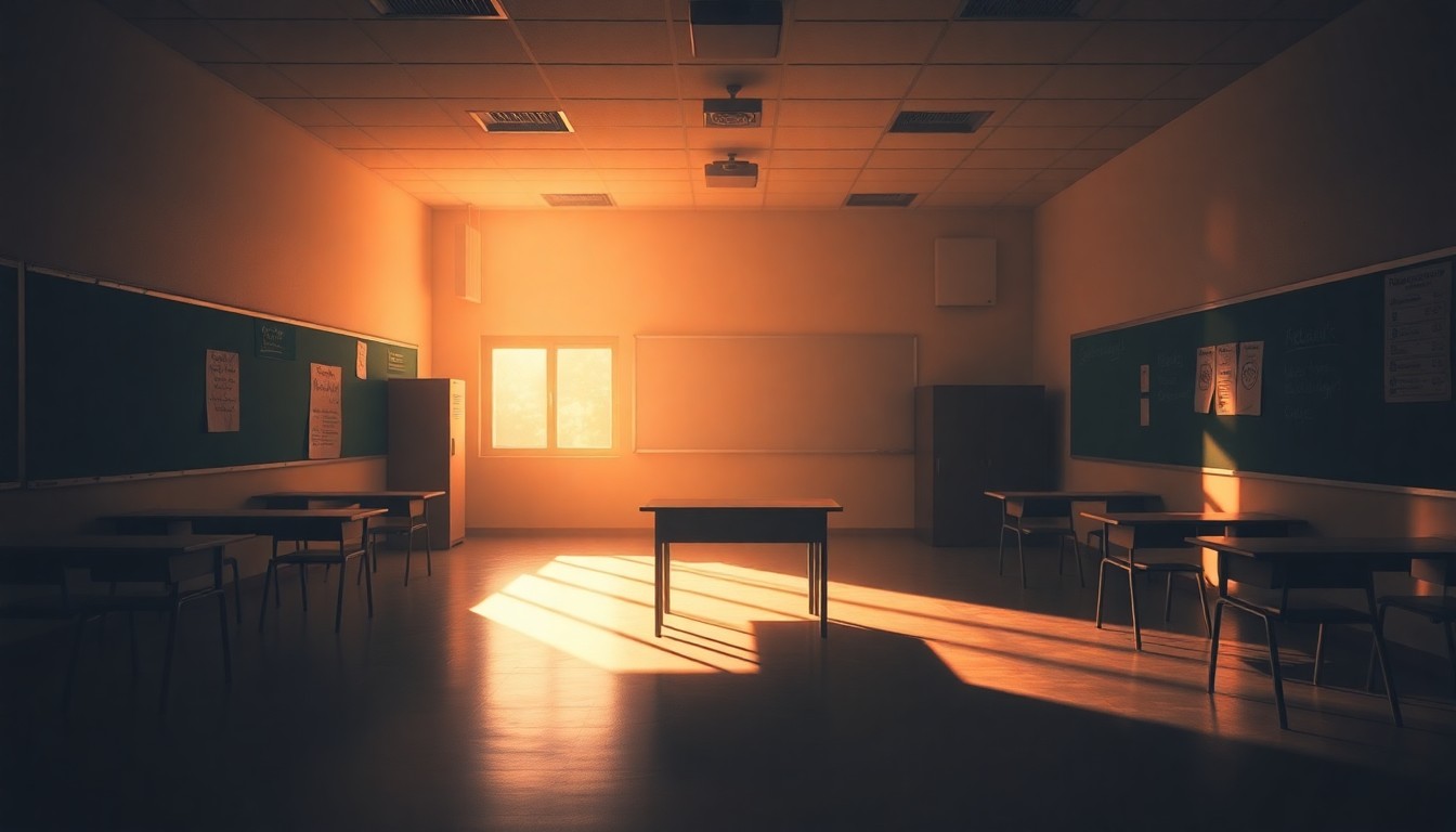 A dimly lit, empty classroom with desks and chairs, the warm sunlight streaming through the windows creating long shadows across the floor, conveying a sense of quiet contemplation and unease.