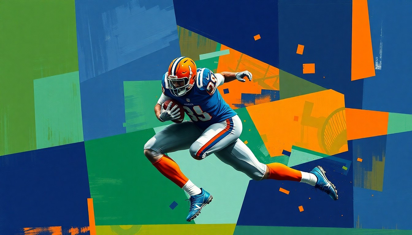 A fragmented, geometric painting depicting the explosive movements of a football player, with sharp planes of navy, green, and orange overlapping to capture the raw energy of the sport.