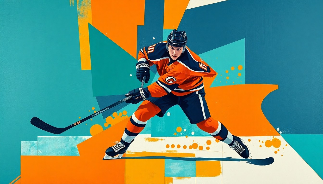 A fragmented, cubist-style painting depicting a hockey player in motion, with sharp, overlapping geometric shapes in a palette of teal, orange, and navy blue, conveying the player's positional fluidity and the team's strategic focus on building a winning culture.