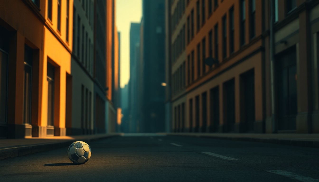 A serene, photorealistic painting of a lone soccer ball resting on an empty city street, with warm sunlight casting long shadows across the pavement, conveying a sense of quiet contemplation and the weight of global politics on the world's most popular sport.