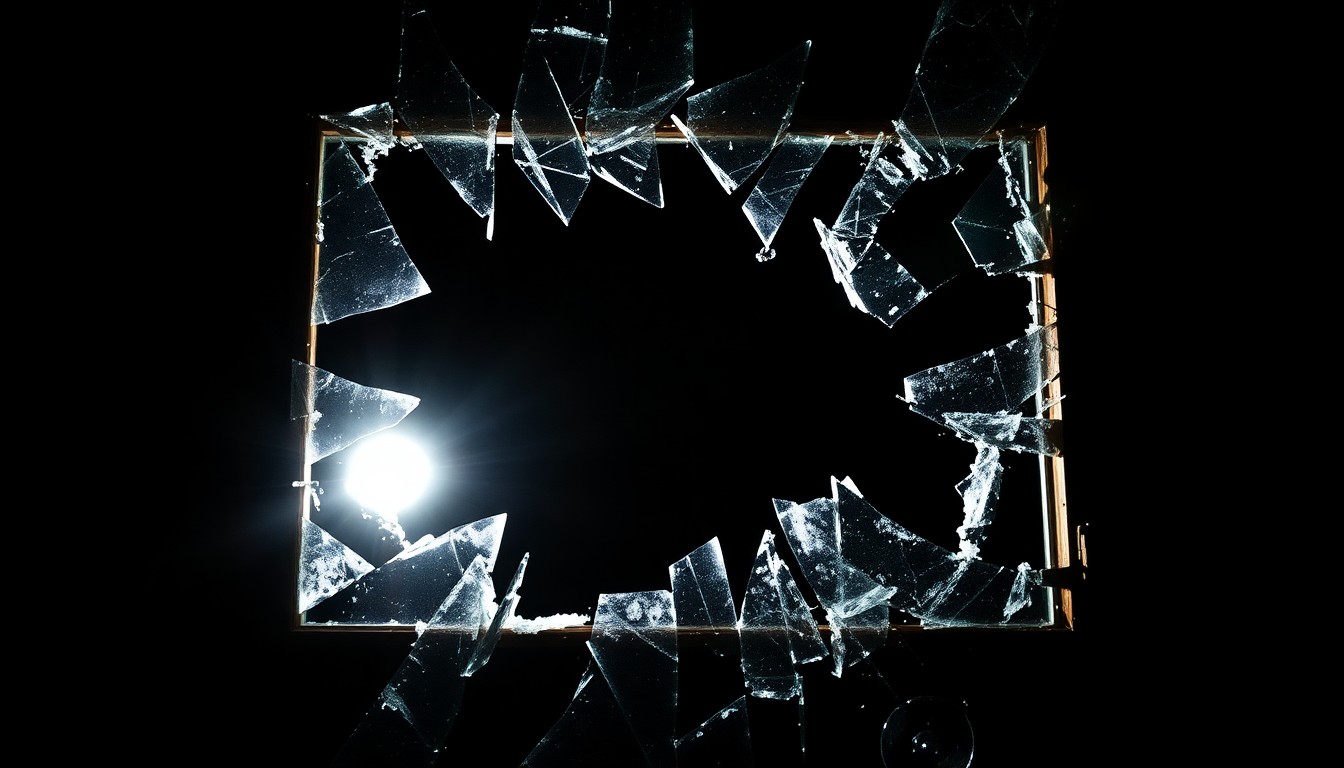 An extreme close-up photograph of a shattered window frame with jagged glass shards, conceptually illustrating the violent intrusion of a home invasion without depicting any actual violence.