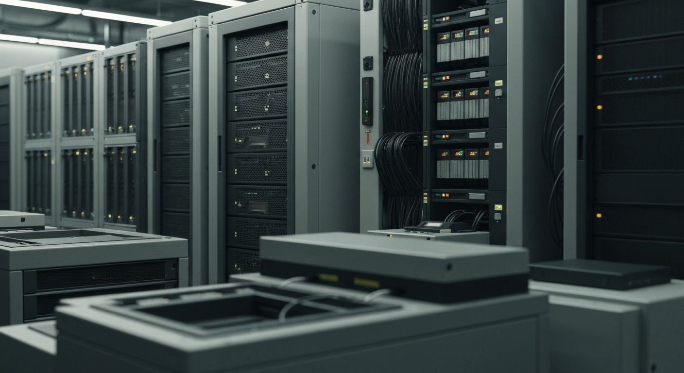 A dramatic, high-contrast close-up of various financial technology and equipment, representing the complex infrastructure that powers Moody's data-driven business.