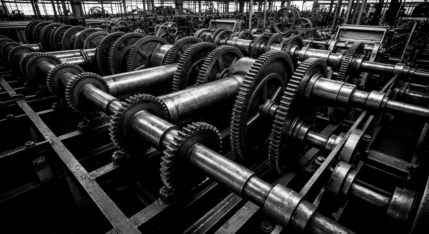 A high-contrast, close-up image of the complex machinery and gears of a Ford assembly line, conveying the industrial power and precision of the automaker's manufacturing processes.