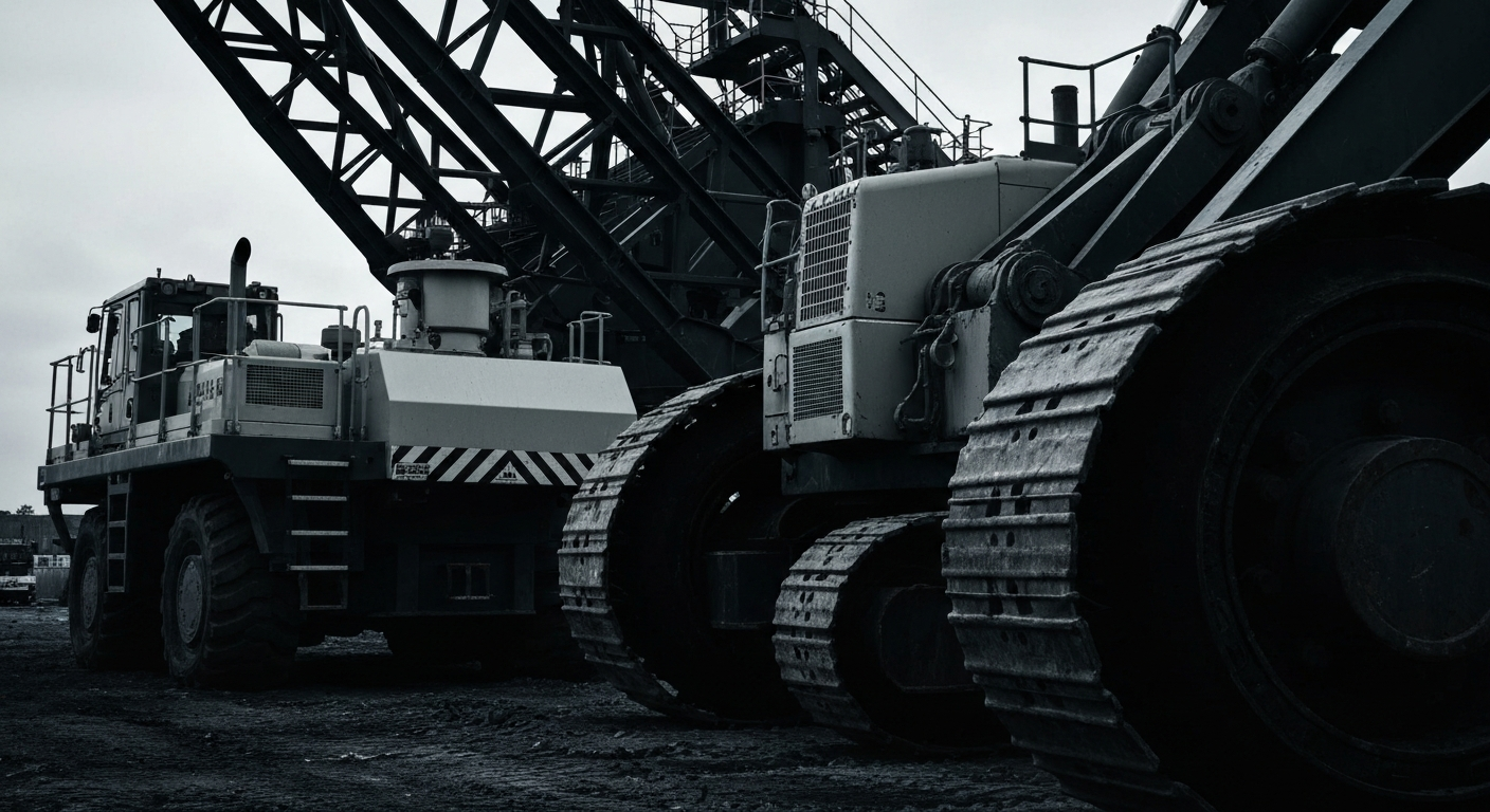 A dramatic close-up of industrial machinery and equipment used in construction and infrastructure projects, conveying a sense of power, scale, and the tangible nature of Quanta Services' business.