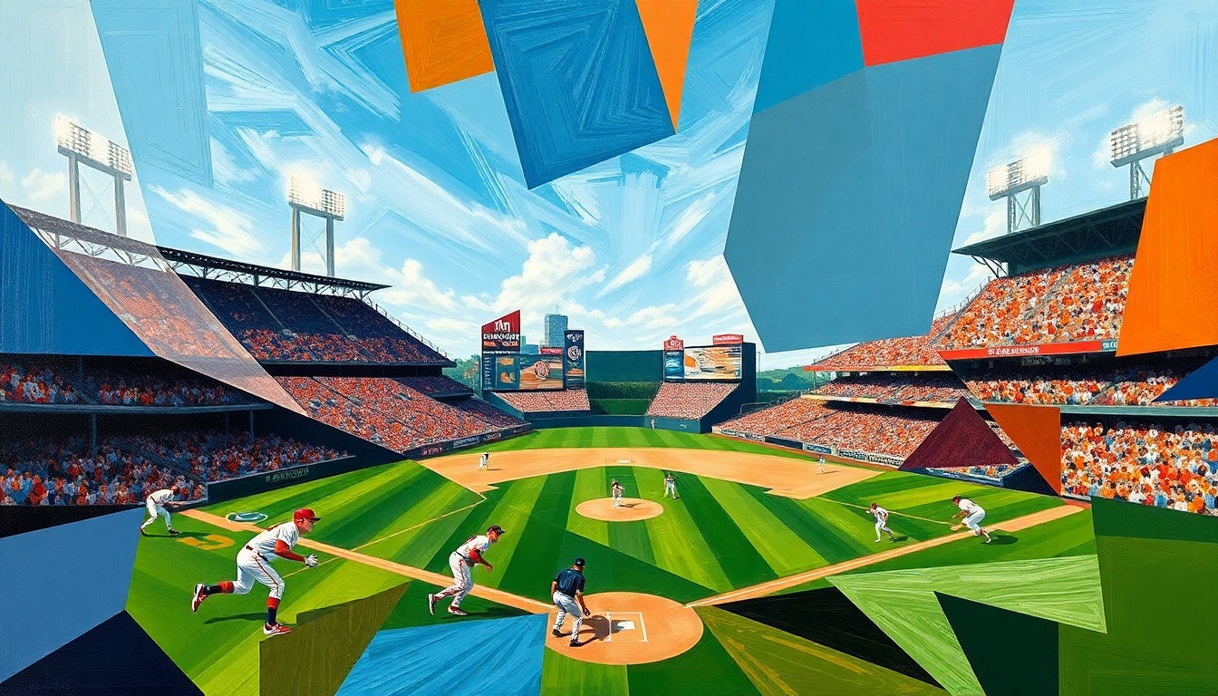 A fractured, multi-perspective painting featuring overlapping geometric shapes and planes in vibrant colors, representing the dynamics and movement of a baseball game between two teams.