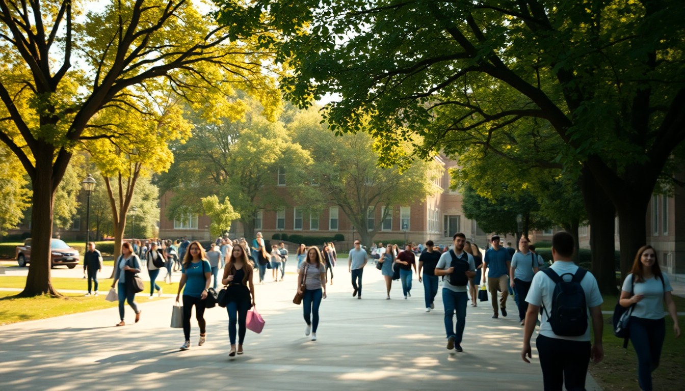 A blurred, dreamlike photograph of a college campus scene, with students walking through a tree-lined quad and buildings in the soft, hazy background, conveying the atmosphere and energy of a thriving college town.