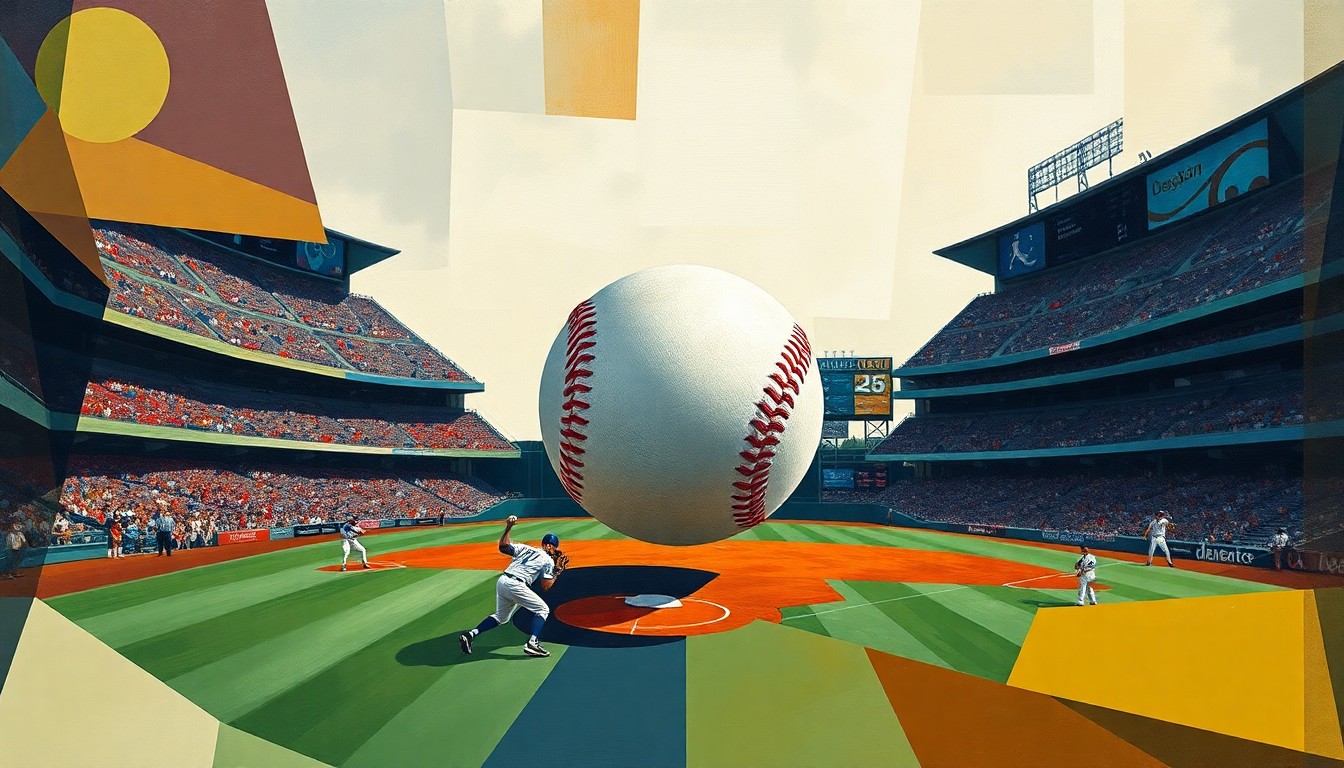 A fragmented, geometric painting depicting a baseball game, with the ball as the central focus and the players, field, and stadium deconstructed into abstract shapes and angles.