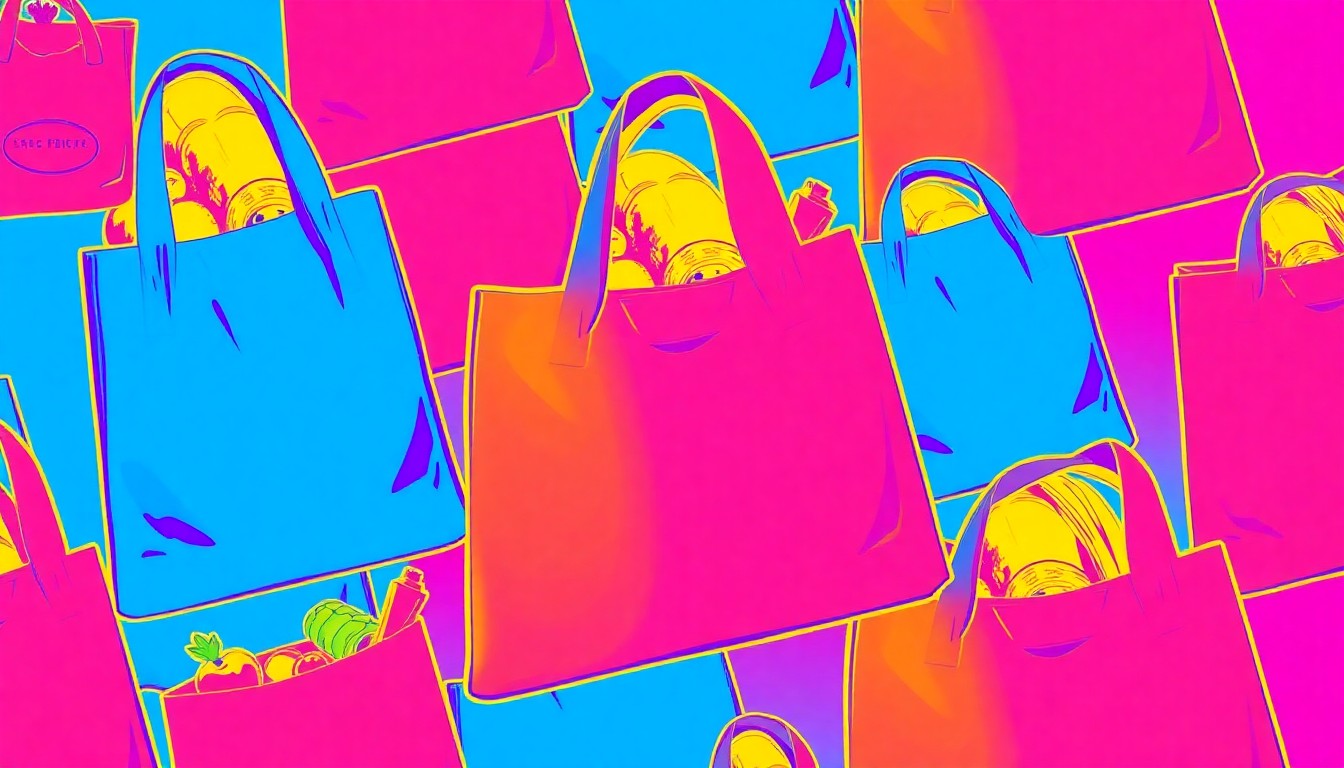 A brightly colored, high-contrast silkscreen print of a reusable grocery bag or produce item repeated in a tight grid pattern, conceptually representing the iconic lifestyle products and community values of the Rainbow Grocery Cooperative.