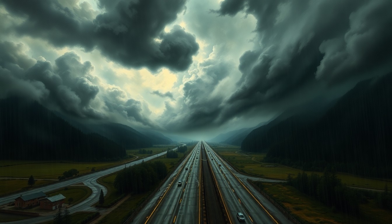 A vast, atmospheric landscape painting depicting a rain-soaked highway cutting through a dramatic, stormy scene, with the road and surrounding structures dwarfed by the overwhelming scale of the weather.