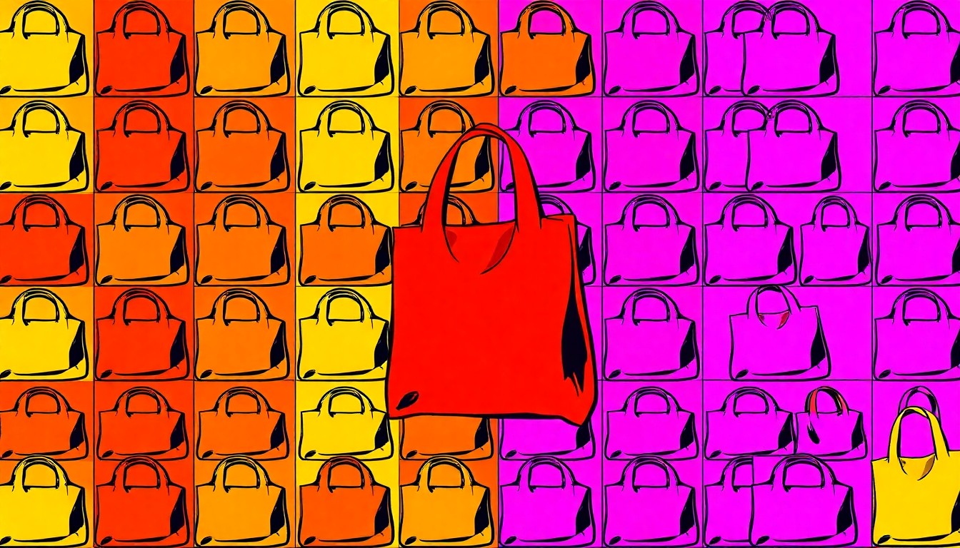 A brightly colored, high-contrast silkscreen print of a reusable grocery bag repeated in a tight grid pattern, conceptually representing the joyful community celebration of a local natural food cooperative's milestone anniversary.