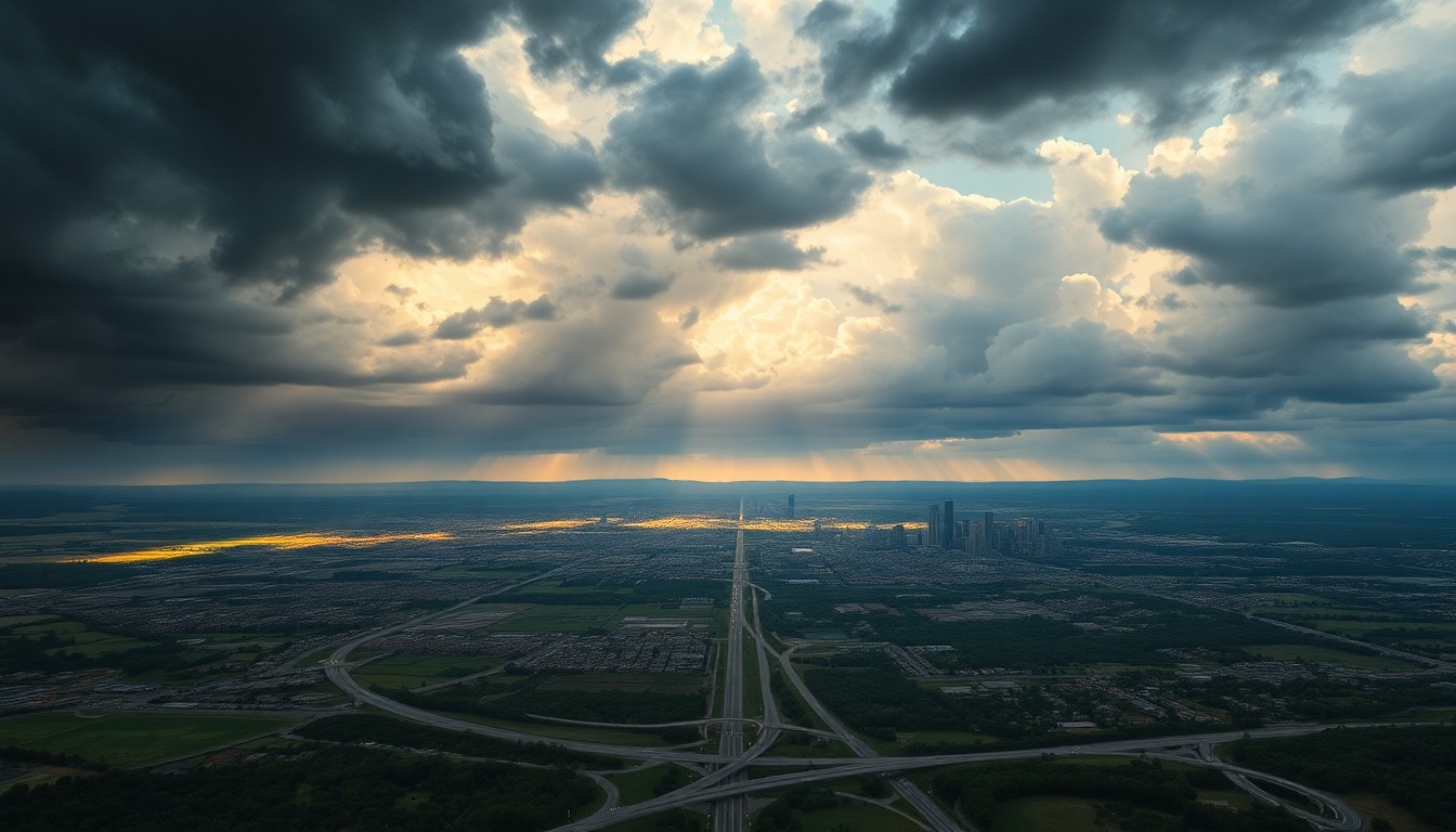 A vast, majestic landscape painting depicting the Kansas City skyline and surrounding countryside under a dramatic, cloudy sky. The scene uses deep, atmospheric perspective and dramatic backlighting to capture the mood of the changing weather conditions, with the city and highways dwarfed by the overwhelming scale of the natural world.