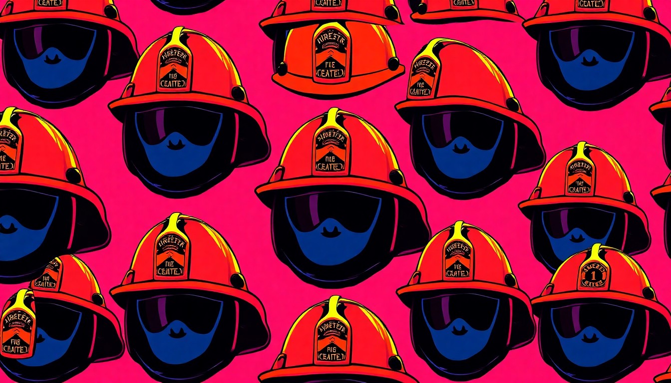 A bold, colorful silkscreen-style illustration featuring a firefighter's helmet repeated in a grid pattern, capturing the resilience and community spirit of the Yantic Fire Engine Co. despite its current closure.