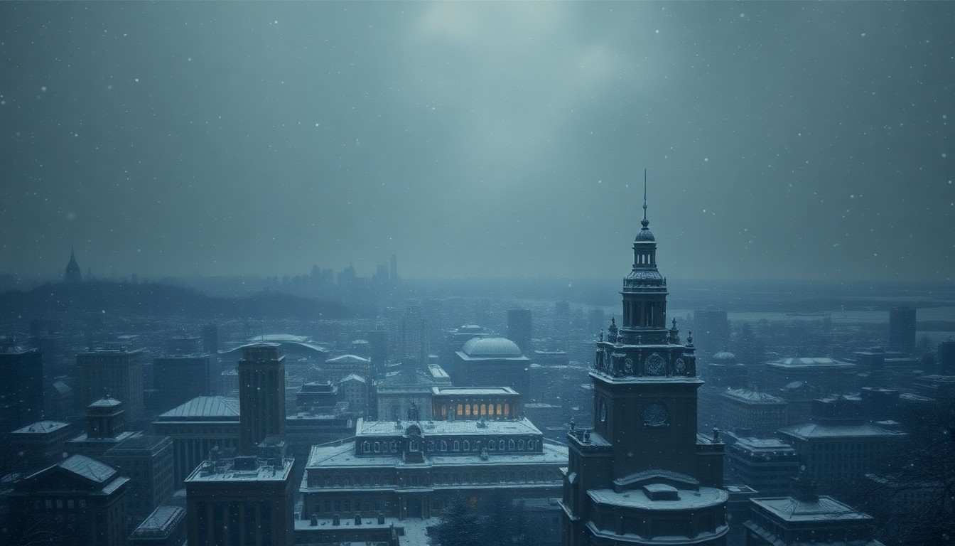 A sweeping, atmospheric landscape painting in muted tones of gray, blue, and white, depicting a light snowfall obscuring the cityscape in the distance, conveying the overwhelming power of nature during a sudden spring weather event.