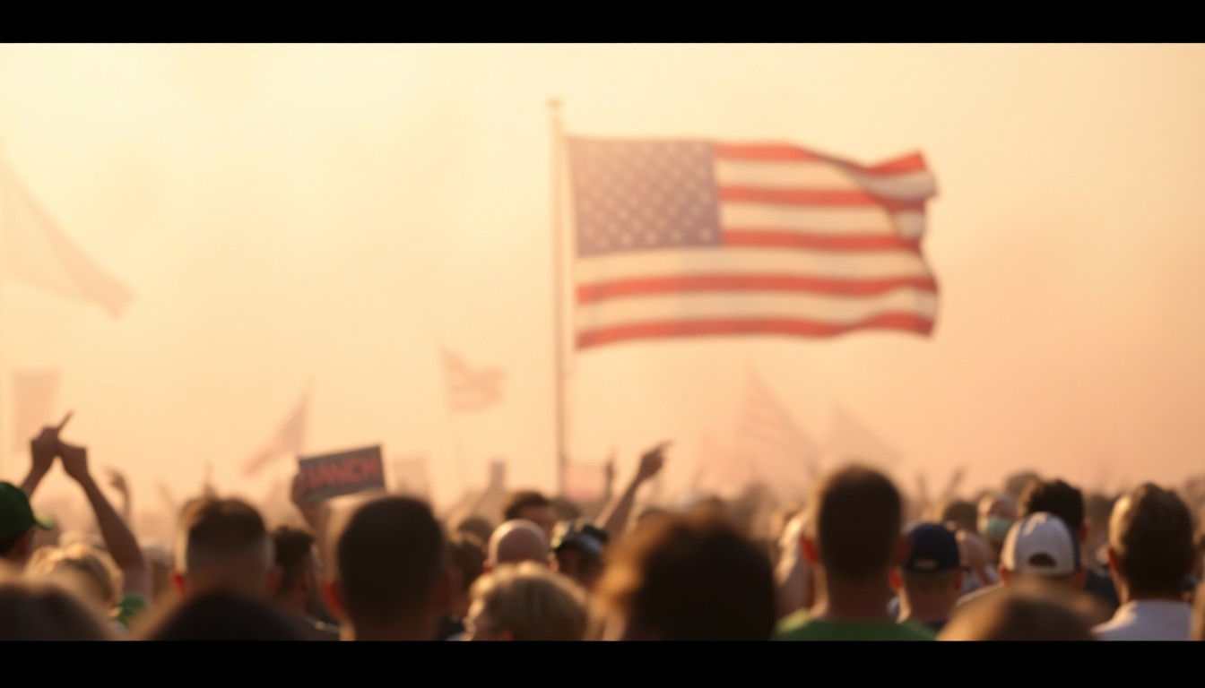 An impressionistic, out-of-focus photograph showing the blurred silhouettes of a crowd gathered for a festive celebration, with the American flag visible in the background, conveying a sense of patriotic community spirit.