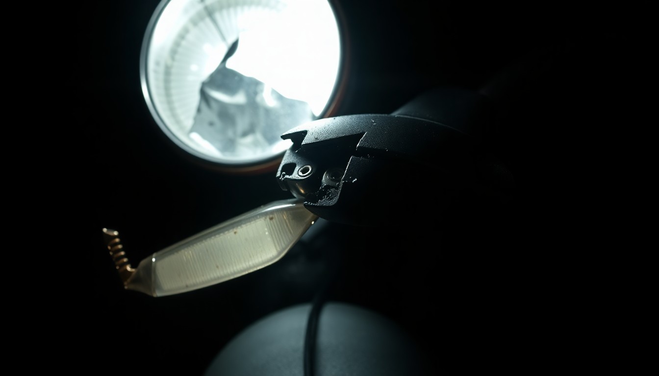 An extreme close-up photograph of a damaged motorcycle part, such as a broken mirror or crushed turn signal, lit by a harsh, direct camera flash against a pitch-black background, conceptually illustrating the aftermath of a fatal motorcycle crash.
