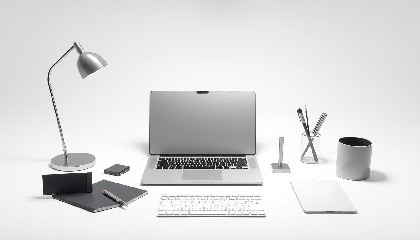 A photorealistic studio still life featuring a collection of premium, polished business objects arranged elegantly on a clean, monochromatic background, conceptually representing the UKON Team's focus on driving innovation and process improvements.