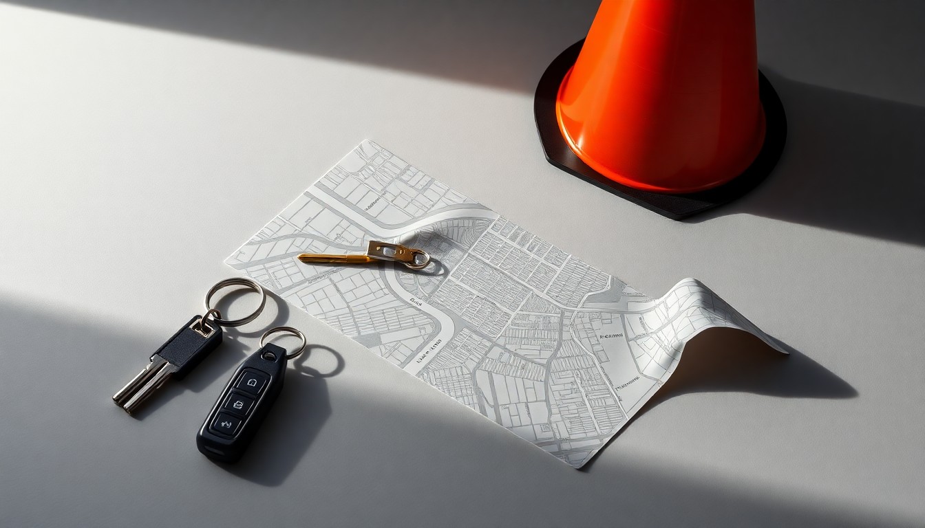 A minimalist studio still life featuring a set of car keys, a traffic cone, and a crumpled map of San Francisco's streets, arranged on a clean, grey background to conceptually represent the disruption caused by the closure of a major city freeway.