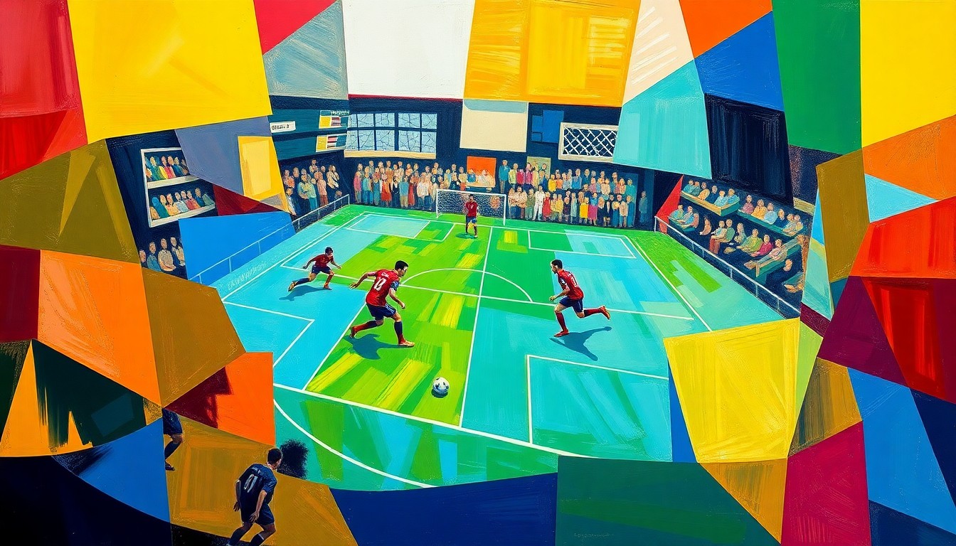 A cubist-style painting depicting a futsal match between Benfica and Barcelona, with the players and the court broken down into sharp, overlapping geometric shapes and planes in the teams' official colors.